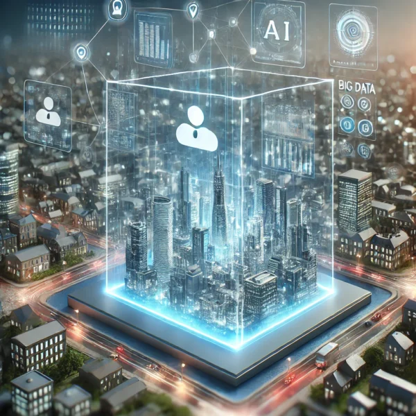 DALL·E 2025-02-19 15.03.56 – A futuristic city digital twin concept, showcasing a high-tech 3D holographic city model with AI-driven data analytics displayed on floating screens.