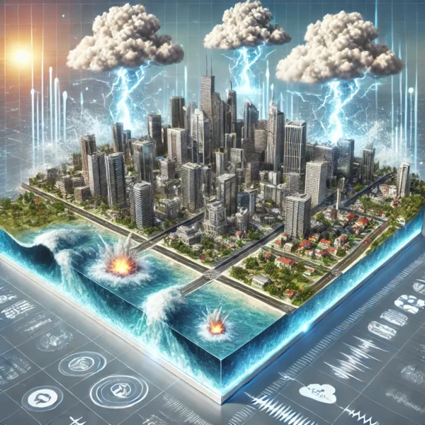 DALL·E 2025-02-24 18.05.27 – A futuristic city digital twin concept showing an advanced 3D holographic city model on a high-tech screen. The city is surrounded by natural disaster Dijital ikiz teknolojisi ile doğal afet yönetimi: 3D holografik şehir modeli, deprem dalgaları, sel ve fırtına bulutları ile çevrili. Acil durum senaryolarına hazırlık için gelişmiş simülasyonlar.