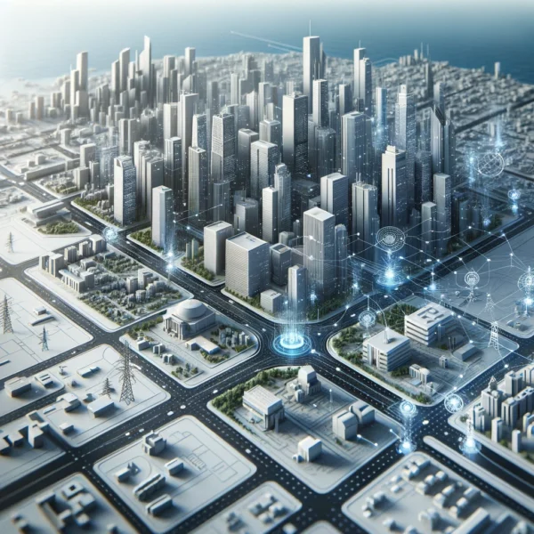 DALL·E 2025-02-28 10.45.09 – A modern and professional digital cityscape, featuring a detailed 3D model of a city with roads, buildings, energy networks, and infrastructure. The i