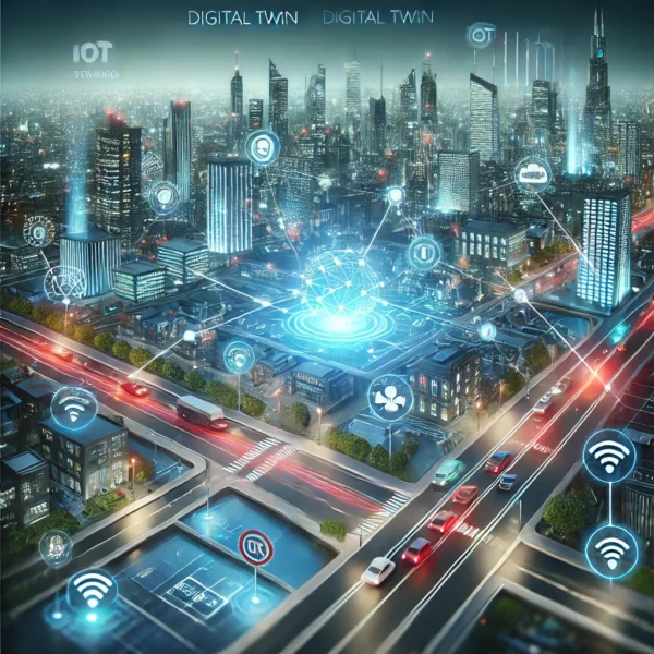 DALL·E 2025-03-03 11.41.45 – A modern and sleek digital representation of a smart city with a focus on traffic management, incorporating elements like digital twins, IoT sensors,