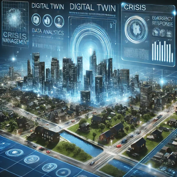 DALL·E 2025-03-12 16.43.38 – A futuristic digital twin concept for crisis management. A high-tech city with holographic 3D models of buildings and infrastructure, displaying real-