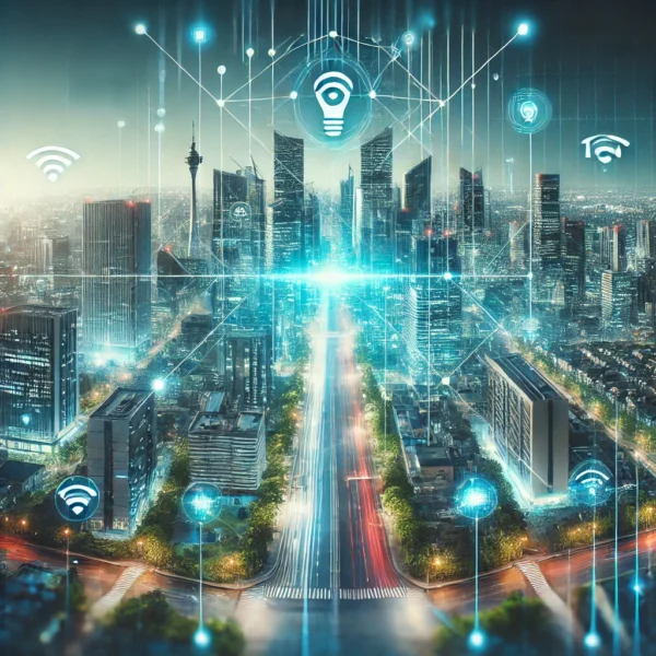 DALL·E 2025-03-25 10.55.43 – A sleek and modern digital twin concept image for a blog post. The image should feature a futuristic cityscape with digital overlays and interconnecte