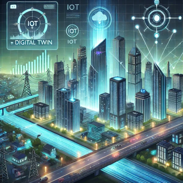 DALL·E 2025-04-11 15.00.42 – A futuristic 2D digital illustration of a smart city powered by IoT and digital twin technology. The scene features tall skyscrapers with holographic