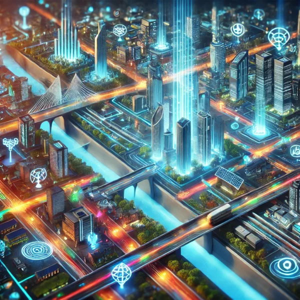 DALL·E 2025-04-16 11.55.47 – A futuristic smart cityscape blending real infrastructure (roads, bridges, pipelines) and superstructure (skyscrapers, smart buildings), with vivid ne